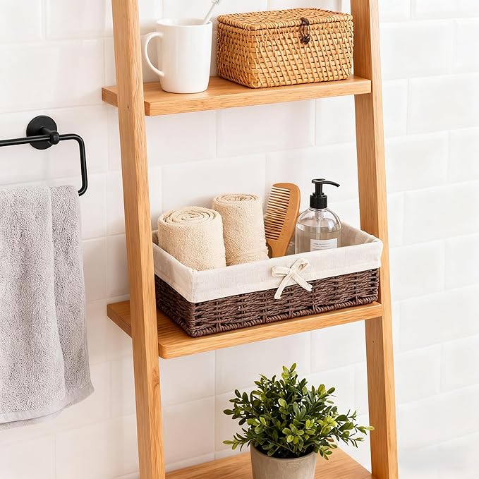 Set of 4 Wicker Storage Baskets Hand-woven Baskets for Shelves Rattan Basket for Bathroom Storage with Lining Decorative Rectangle Shelf Baskets Set for Pantry Kitchen Bedroom