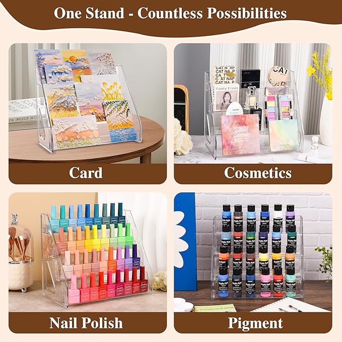 CELSOL 2 Pack Elevated 4 Tier Clear Acrylic Card Display Stand for Trading Cards, Sports Cards, Greeting Cards, Stickers – Slanted Holder for PSA Slabs, Vendors, Collectors & Retail (4 Tier 2 Pack)