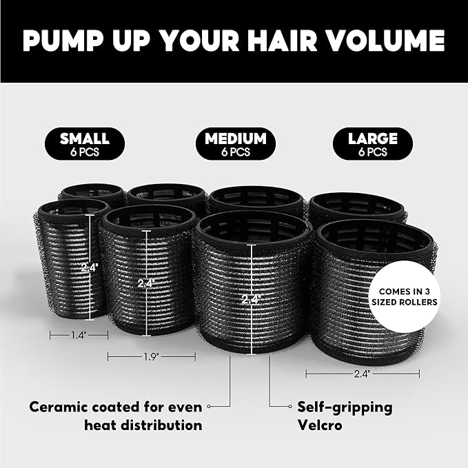 HYOUJIN 18pc Self-Grip Ceramic Ionic Thermal Rollers Set for Salon-Quality Blowout Look, Perfect for Sleeping (Black, 60mm, 48mm, 36mm Sizes)