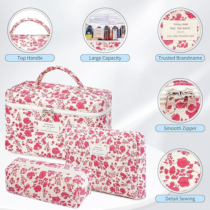 senbowe Floral Makeup Bag, 3 Pack Large Cotton Quilted Makeup Bag Set, Cute Floral Coquette Aesthetic Toiletry Bag Make Up Cosmetic Bag for Women, Toiletry Travel Make Up Organizer Bag