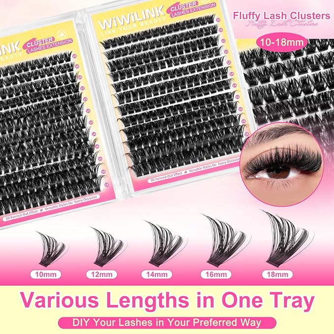 Lash Clusters 384Pcs (100D+200D), Fluffy Wispy Lashes Clusters, D-Curl Cluster Eyelash Extensions 10-18mm - 100% Vegan, Beginner Friendly