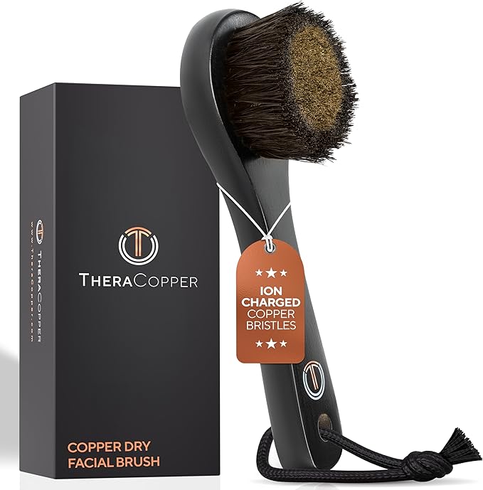 TheraCopper Copper Dry Facial Brush – Lymphatic Drainage Facial Dry Brush for Face with Natural Copper Bristles for Improved Circulation & Exfoliation – Daily Face Care for Refreshed & Glowing Skin