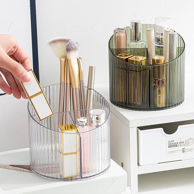 DASITON 3 Slots Makeup Brush Holder, Acrylic Makeup Brush Cup, Vintage Striped Make Up Brush Holder for Vanity Decor, Bathroom Countertops, Desk Storage Container, Cosmetic Display Cases (Clear)