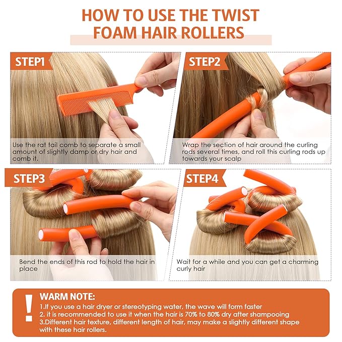 Syhood 30 Pieces Flexible Curling Rods, Soft Foam No Heat Hair Rollers and 1 Steel Pintail Comb for Women Girls Long and Short Hair, Orange