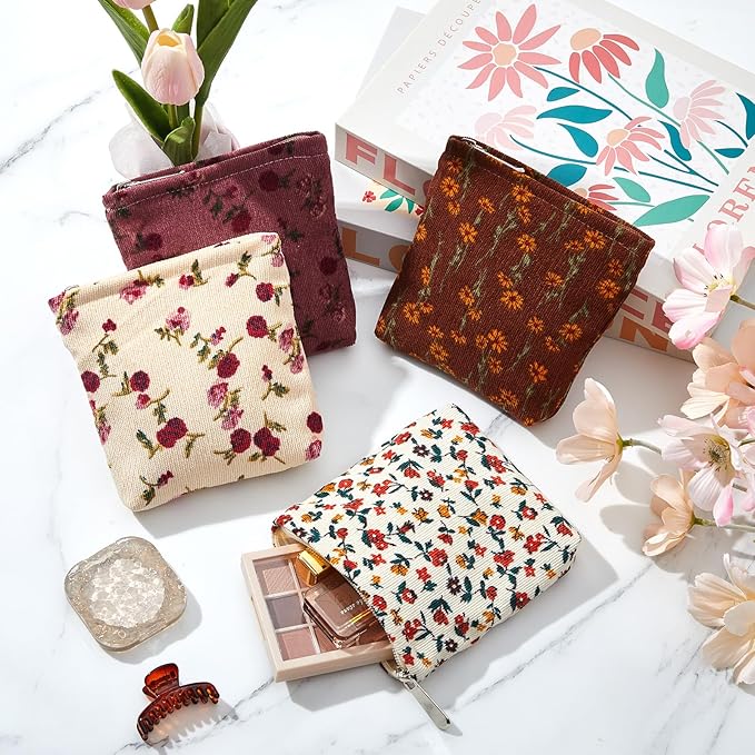 Abbylike 4 Pcs Small Makeup Bag Corduroy Cosmetic Pouch with Zipper Portable Little Bags for Purse Mini Pouch Cute Makeup Purse for Coin Essentials Items Women(Elegant)