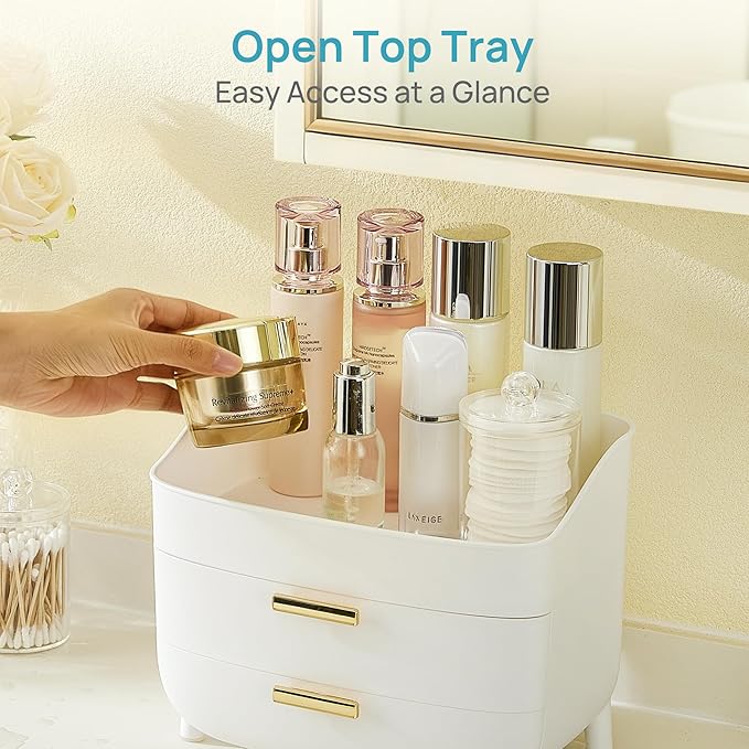 Vtopmart 3-Tier Skincare Makeup Organizer with Drawers for Vanity and Bathroom Countertop, Large Cosmetic Storage Box Case for Dresser, with Non-Slip Base