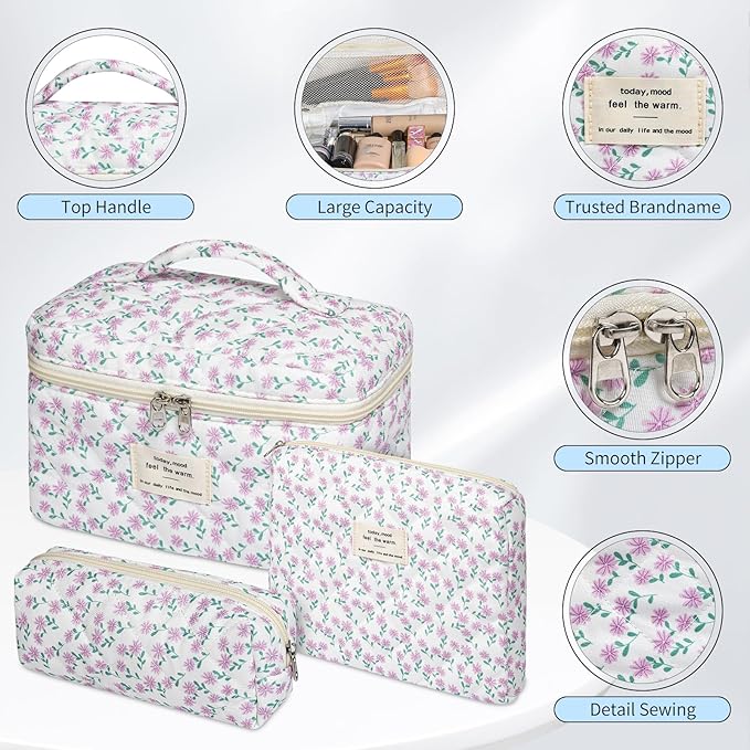 senbowe Floral Makeup Bag, 3 Pack Large Cotton Quilted Makeup Bag Set, Cute Floral Coquette Aesthetic Toiletry Bag Make Up Cosmetic Bag for Women, Toiletry Travel Make Up Organizer Bag