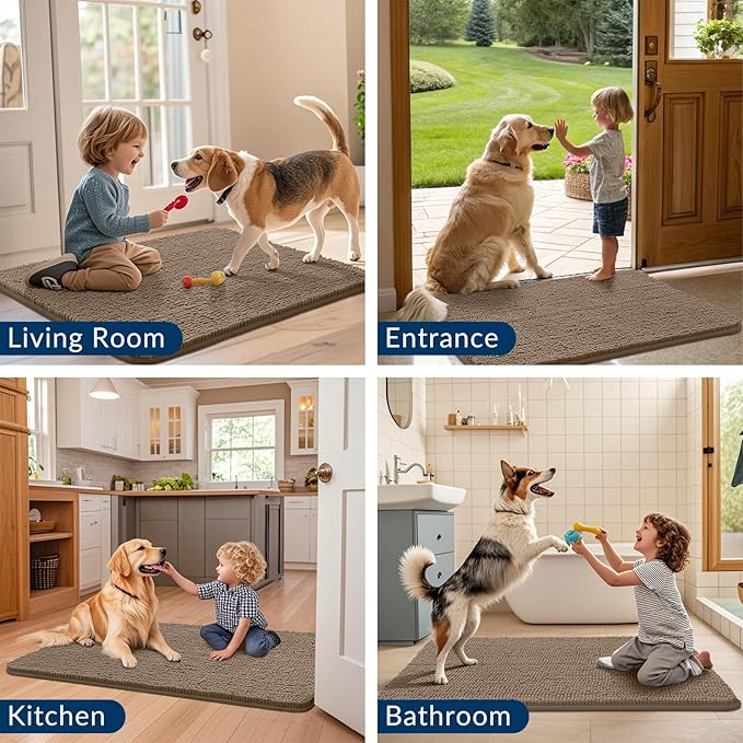 Smiry Dog Door Mat for Muddy Paws 47x20, Absorbs Moisture and Dirt Doormat, Non-Slip Washable Quick Dry Chenille Front Door Mat Indoor Entrance, Entryway Carpet for Inside Floor, Camel