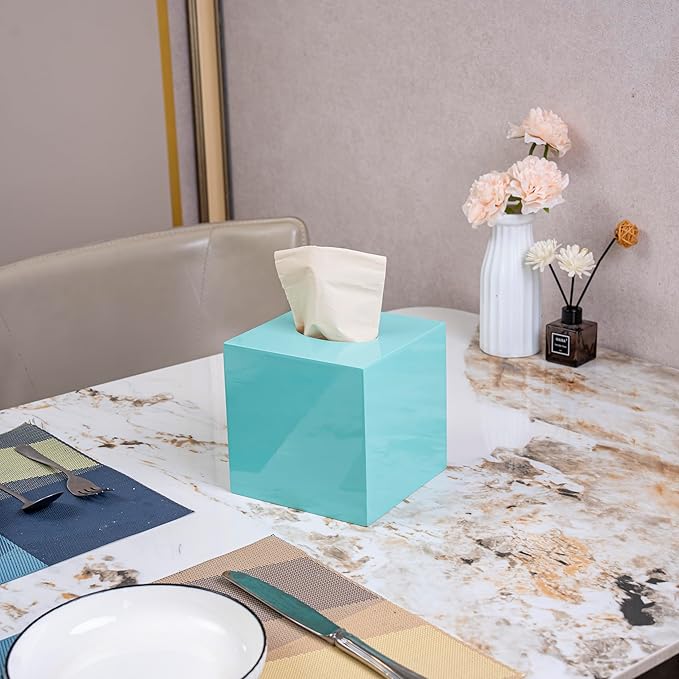 PEMAR 5.9” Cube Lacquer Tissue Box Cover, Decorative Napkin Dispenser Organizer, Rustic Farmhouse Vintage Decor for Table, Kitchen, Bathroom Vanity Countertop, Office (Aqua)