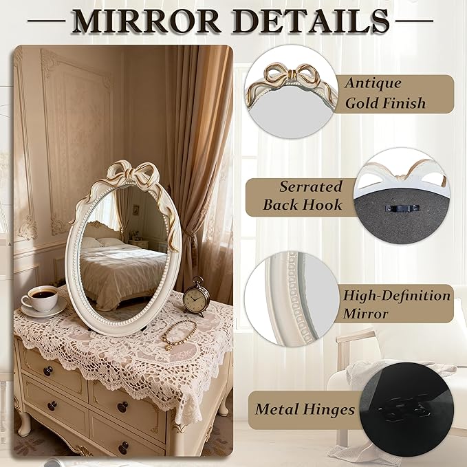 Vintage Vanity Desk Mirror -13x10Inch Wall-Mounted & Tabletop Decorative Ornate Gold Accent Retro Makeup Mirror for Bedroom Dresser Bathroom Living Room Oval