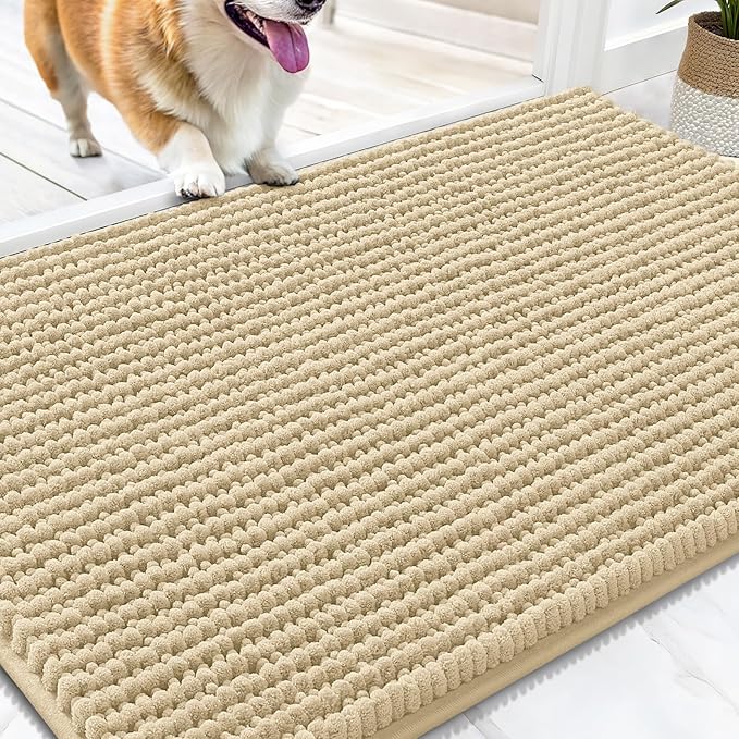OLANLY Dog Door Mat for Muddy Paws 34x21, Ultra Absorbent Chenille Mud Doormat, Non-Slip Washable and Dirt Trapping Doormat for Indoor Entryway, Quick-Dry Indoor Pet Bed Mats for Dogs, Sand