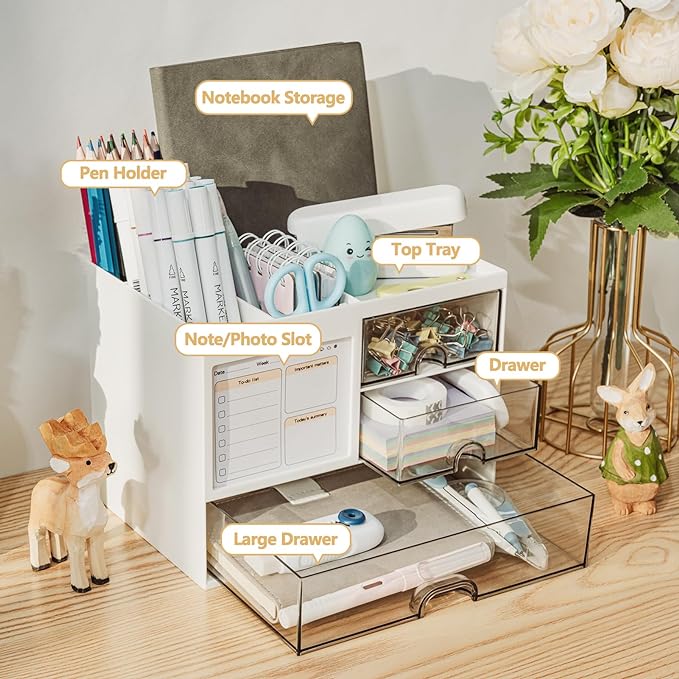 Desk Organizer with 3 Drawer, Multi-Functional Pencil Pen Holder for Desk, Desk Organizers and Storage with 8 Compartments, Desktop Organizer for Office Home Art Supplies (White)