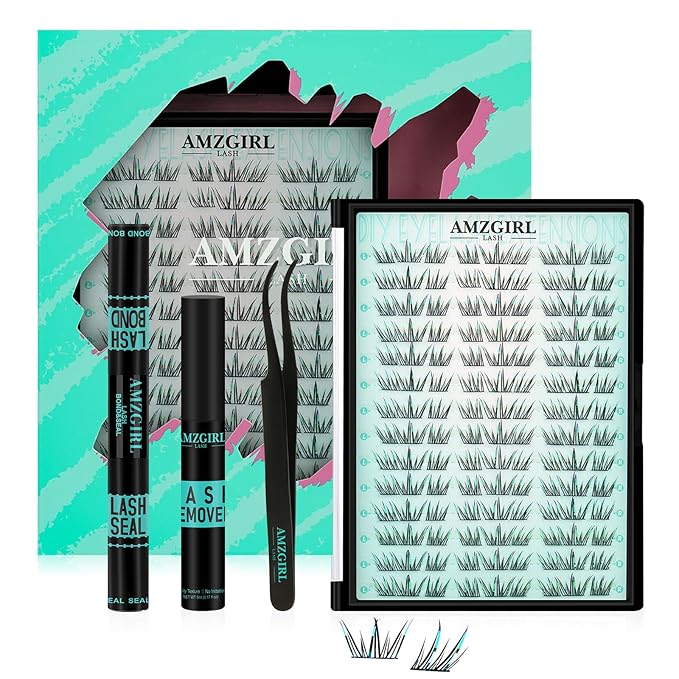 Lash Clusters Kit 126Pcs Eyelash Extensions Kit C Curl Glitter Eyelashes Cluster with Lash Bond and Seal,Lash Remover,Lash Tweezer For False Lashes Cluster Kit At Home(Blue Stars Kit-Single Glitter)