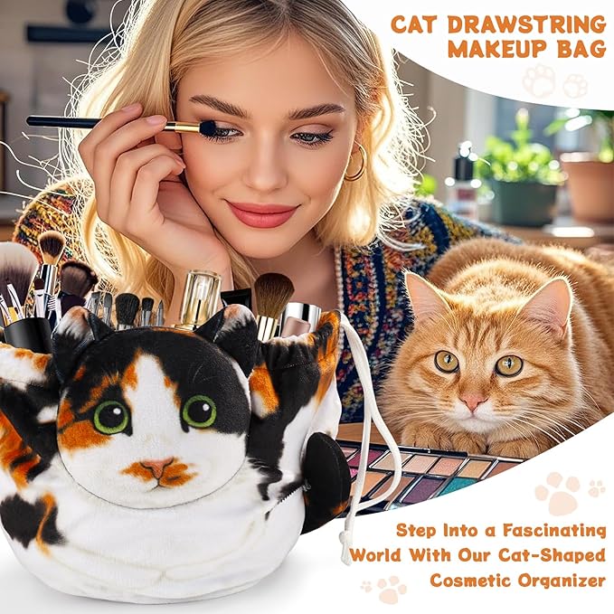 Openhaha Drawstring Travel Organizer, Cosmetic Pouch - Cat Gift, Lay Flat Makeup Bag Gifts for Cat Lovers