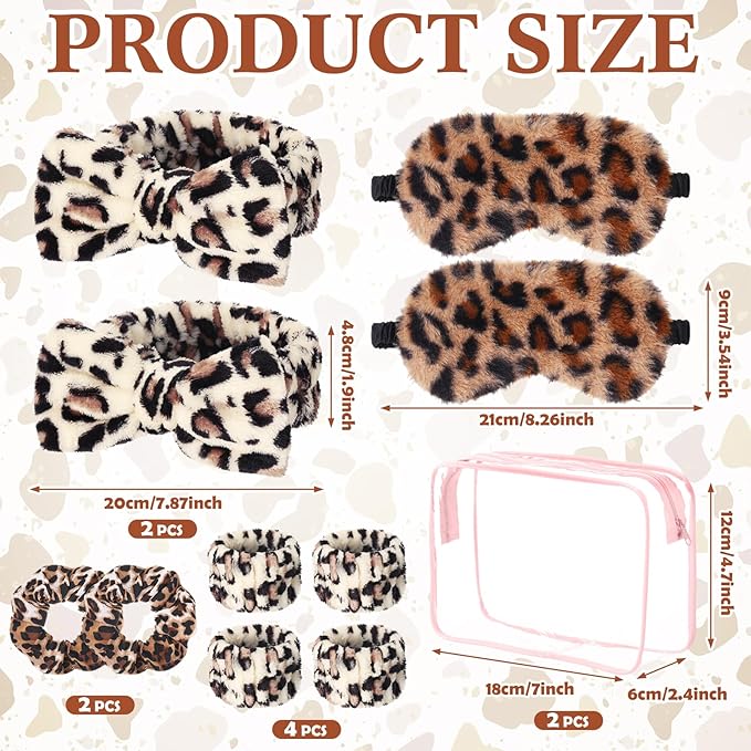 Hoteam 10 Pcs Galentine Spa Party Supplies Valentine Gift Set Sleepover Party Favor Spa Headband Wristband Sleep Eye Mask Velvet Scrunchies for Skin Care Makeup Slumber Night Favor(Leopard Print)