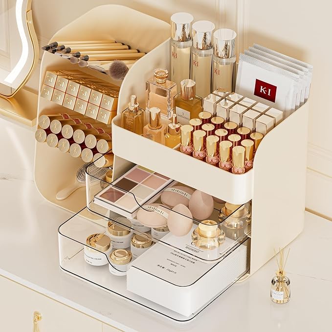 Makeup Organizer with Brush Holder for Vanity,Countertop Makeup Organizer with Drawers,Spacious Cosmetic Display Case,Perfect Storage Solution for Your Beauty Essential (Cream, Large)