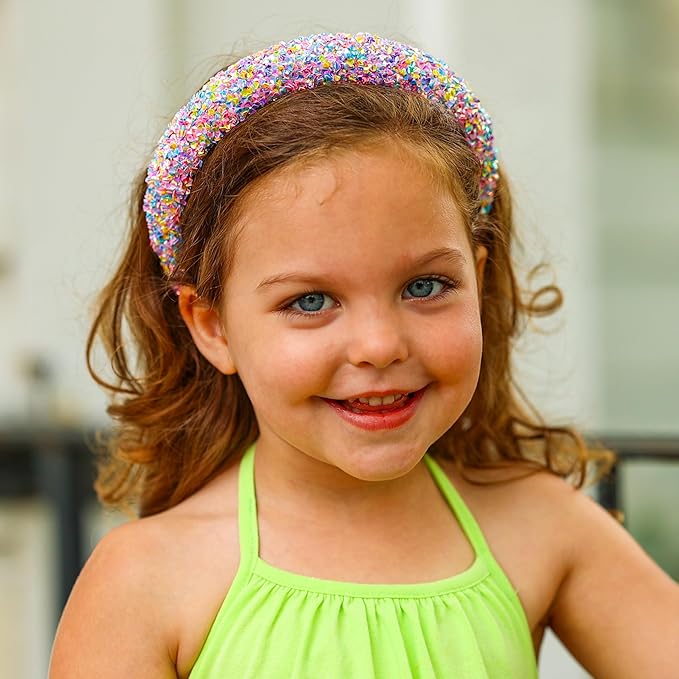 FROG SAC Sequin Headband for Girls, Sparkly Puffy Hair Band for Kids, Padded Toddler Head Bands, Sparkle Girl Hair Accessories (Rainbow, Child)