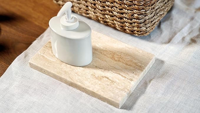 Astavostone Travertine Tray, Cream White Natural Stone Decor Tray for Bathroom Vanity Rectangle Stone Board for Jewelry, Keys, Perfume Coffee Table Organizer (8.6" x 5.9" x 0.6")