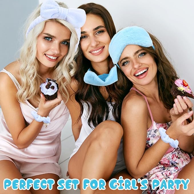 Hoteam 10 Pcs Galentine Spa Party Supplies Valentine Gift Set Sleepover Party Favor Spa Headband Wristband Sleep Eye Mask Velvet Scrunchies for Skin Care Makeup Slumber Night Favor(Blue)