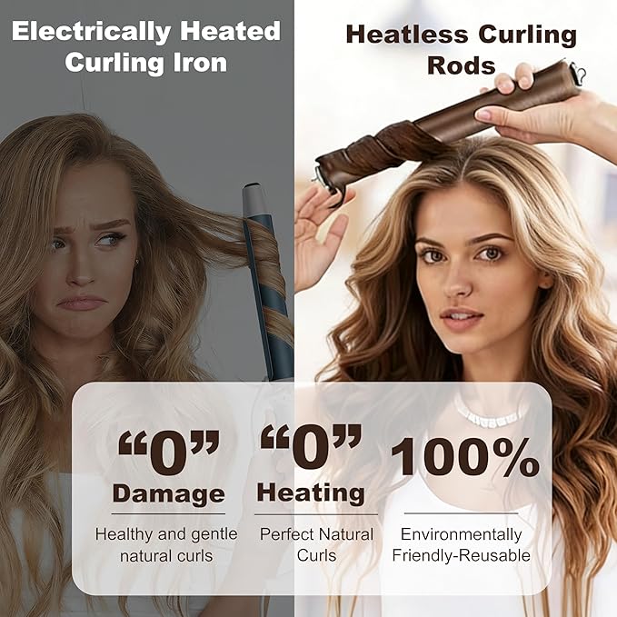 4pc Heatless Curls Overnight Hair Curlers - 4 Pcs No-Heat Curling Rod to Sleep In and Shower Cap,Velvet Hair Rollers with Satin Wrap