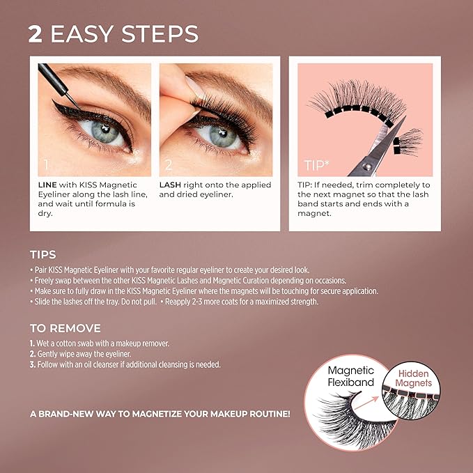 KISS Magnetic False Eyelashes and Eyeliner, ‘Charm’, 12mm, Easy to Apply, Reusable, No Glue, Flexible Band, Precision Felt Tip, Fortified Formula, 1 Pair Strip Lashes