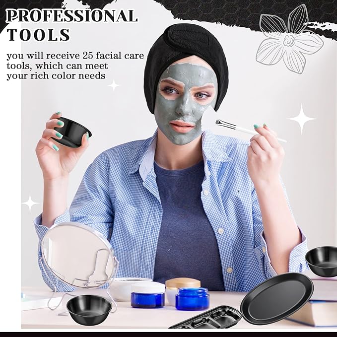 LemonRoad 25 Pcs Esthetician Facial Supplies Set, 3 Stainless Steel Mixing Bowls, 2 Serving Trays, 6 Brushes, 2 Hairbands, 12 Compressed Sponges for Women Facial Mask Spa Home Use(Black)