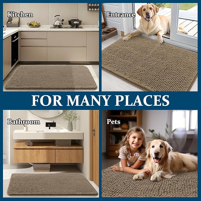 OLANLY Dog Door Mat for Muddy Paws 50x30, Absorbs Moisture and Dirt, Absorbent Non-Slip Washable Doormat, Quick Dry Chenille Mud Mat for Dogs, Entry Indoor Entryway Carpet for Inside Floor, Tan