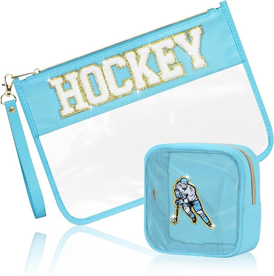 2 Pcs Hockey Gifts Makeup Bag with Chenille Letter Patch, Clear Cosmetic Pouch PVC Organizer Purse, Waterproof Travel Bag, Portable Toiletry Storage Bag for Her Girls Friends Women