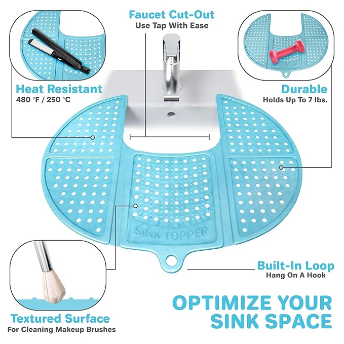 Sink Topper Bathroom Sink Cover for Counter Space & Storage Saver | RV Must Haves | Silicone Foldable Beauty Makeup Brush Cleaning Mat | Hot Tools Organizer | RV Sink Cover | Standard, Pacific Blue