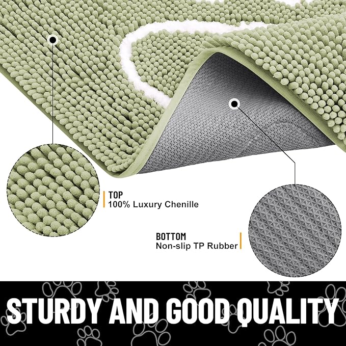 Smiry Dog Door Mat for Muddy Paws, Absorbent Dirt Trapper Non Slip Quick Dry Washable Chenille Mat for Mud Dogs, Entry Rug for Indoor and Outdoor (59x24 Inches, Sage Green and White)