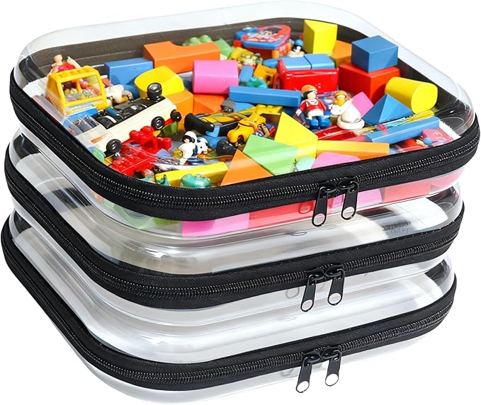 3PCS Clear Hard Plastic Zipper Case, Double Zippers Hard Pouch, Portable Travel Organizer Bin Clear Makeup Bag for Toy Storage, Snack Bag, Cosmetics, Pencil Case, Diaper Bag,Toiletry Bag(3PCS-M-Black)