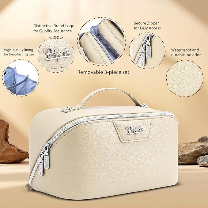 BOYATU Travel Makeup Bag Cosmetic Bags for Women: Large Capacity 3 Pcs Set Make up Bag with Compartments - Waterproof Vegan Leather Toiletry Organizer Bags with Handle (N-68Off-white)