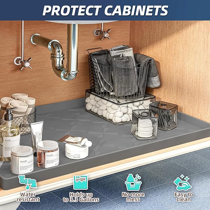SIKADEER 37" x 22" Under Sink Mat Waterproof, Silicone Mat Kitchen Drawer Shelf and Cabinet Liner, Sink Protector for Kitchen Organizers and Storage, Boot Tray Pet Food Mats