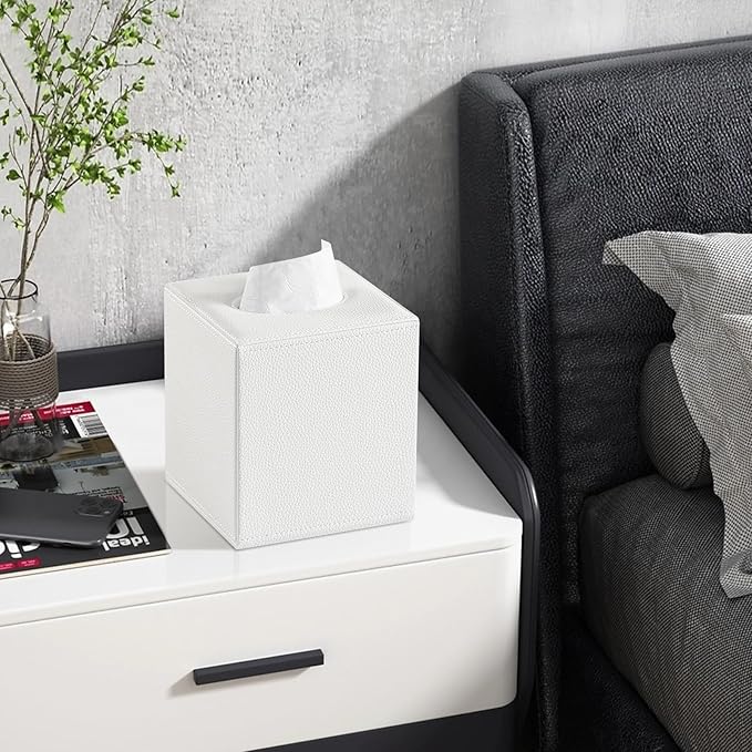 JLAMBOM PU Leather Tissue Box Cover Square Tissue Box Holder with Magnetic Closure, Decorative Tissue Holder for Bathroom Bedroom Office (White)