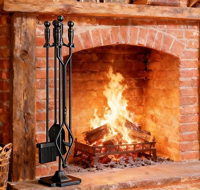 Fire Beauty Fireplace Tools Set 5 Pieces Wrought Iron Fireset Woodstove Log Tongs Holder Fire Kit Setwith Pedestal Place(32 Inches)