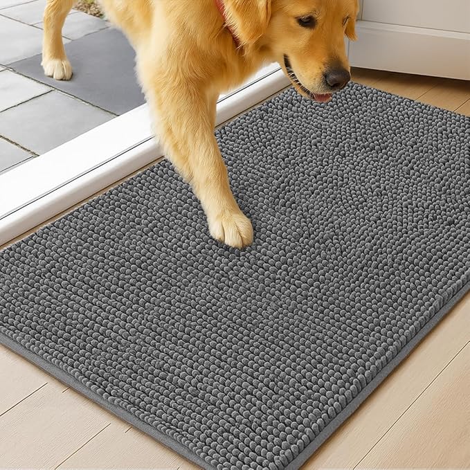 MudGuard Mat™ Dog Door Mat for Muddy Paws, Super Absorbent Microfiber, Non-Slip Indoor Mat, Quick Dry Chenille Mud Mat for Dogs & Entryway, Washable, Grey 24" x 60"