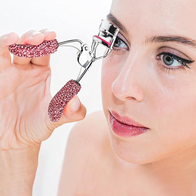 Pink Eyelash Curlers with Slant Tip Tweezer Pink Bling Crystal Rhinestone Eyelashes Curls for Dramatic Long Lasting Seamless Brilliant Eyes, Best Bedazzled Makeup Stuff Things For Mascara Asian Beauty