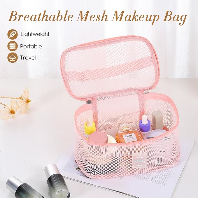 Mesh Makeup Bag, Breathable Cosmetic Bags with Zipper, Travel Lightweight Make Up Organizer Mesh, Toiletry Bag with Handle for Women Girls Gift, Pink