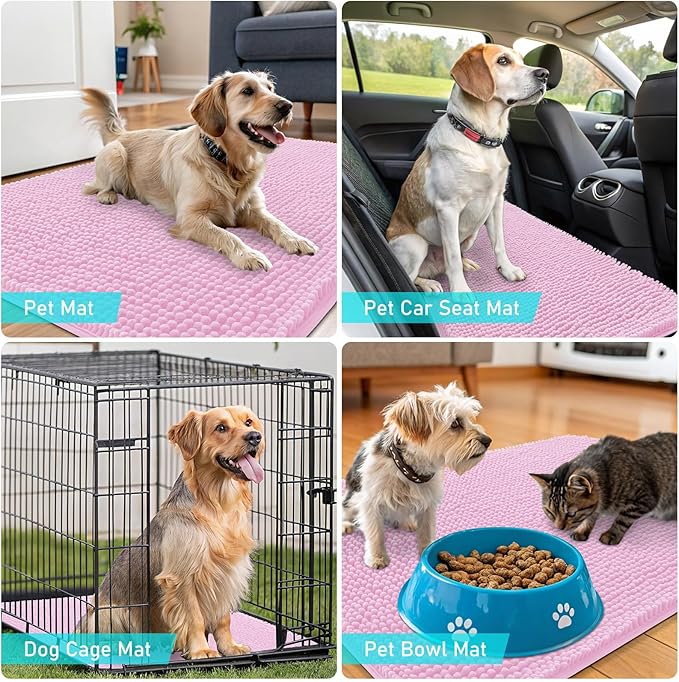 OLANLY Dog Door Mat for Muddy Paws 45x27, Absorbs Moisture and Dirt, Absorbent Non-Slip Washable Doormat, Quick Dry Chenille Mud Mat for Dogs, Entry Indoor Entryway Carpet for Inside Floor, Pink