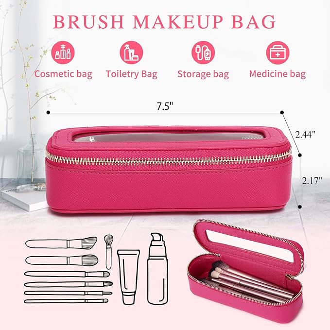 Clear Travel Makeup Bag with Brush Case Portable Transparent Cosmetic Bag and Toiletry Bag Waterproof Makeup Organizer with Zipper Car Essential for Women (Fuxia, M+Slim)