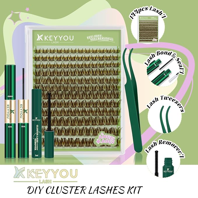KEYYOU Angel Lash Extension Kit 144Pcs Lash Clusters Kit 8-18MIX Thick Eyelash Extension Kit with Glue and Seal,Tweezers,Remover for DIY lash extension kit at Home（Kit-Angel A06）
