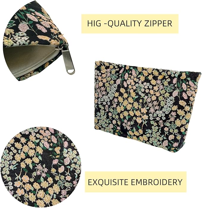 2 Pcs Makeup Bags, Large Cosmetic Bag Travel Toiletry Bag Organizer for Women, Embroidery Craft, Floral Makeup Bag Small Cosmetic Pouch Purse with Zipper Gifts for Girls Teen
