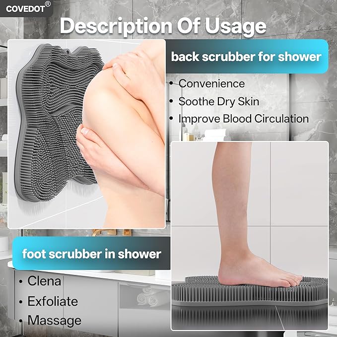 Dual-Sided Silicone Shower Foot Scrubber Mat – Foot Scrubber in Shower for Deep Cleaning & Exfoliation | Wall-Mounted Shower Foot Scrubber Mat & Back Cleaner for Men and Women (Grey, Standard)
