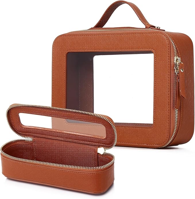 Clear Travel Makeup Bag with Brush Bag Portable Transparent Cosmetic Bag and Toiletry Bag Waterproof Clear Makeup Bag with Zipper Car Bag for Women (Brown, L+Slim)