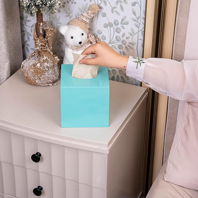 PEMAR 5.9” Cube Lacquer Tissue Box Cover, Decorative Napkin Dispenser Organizer, Rustic Farmhouse Vintage Decor for Table, Kitchen, Bathroom Vanity Countertop, Office (Aqua)