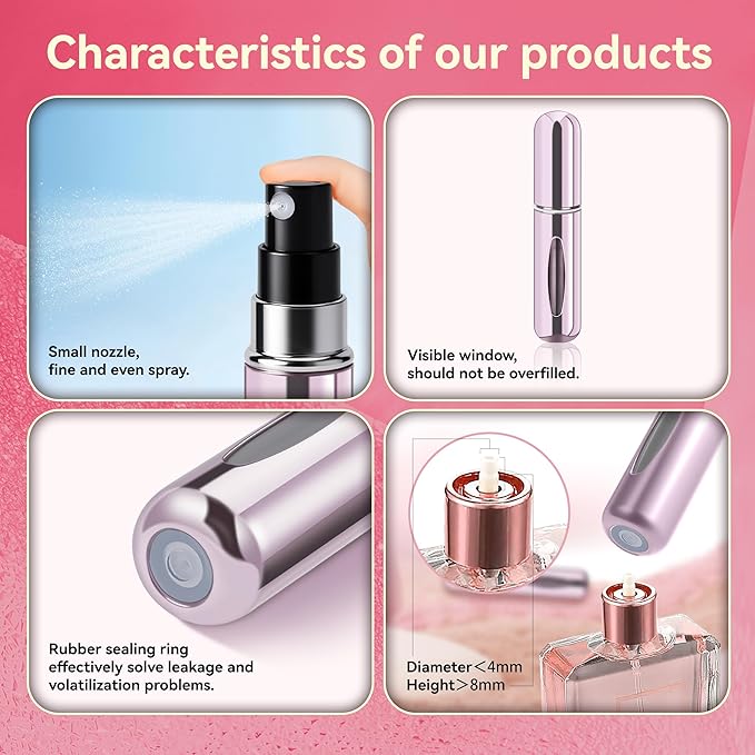 Refillable Perfume Portable Atomizer Bottle Refillable Perfume Spray, Travel Perfume (5ml, 4 Pack) (Green, Gold, Pink, Purple, Red, Light Blue)