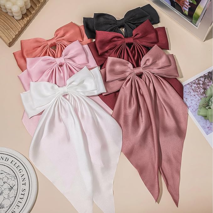 6 PCS Hair Bows for Women, Big Bow Hair Clips for Girls, Silky Satin Hair Bows Clips Oversized Long Tail, Large Cute Aesthetic Hair Accessories, Metal Bow Hair Clips Holiday Gifts Dark Red