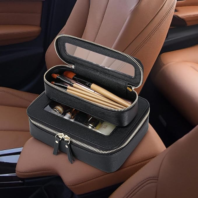 Travel Makeup Bag with Brush Case Portable Transparent Cosmetic Bag and Toiletry Bag Waterproof Makeup Organizer with Zipper Car Essential for Women (Black, L+Slim)