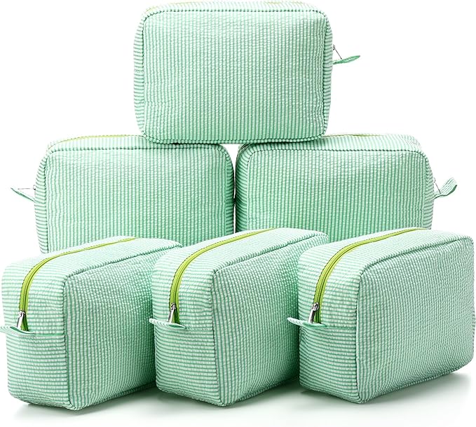 Sanwuta 6 Pcs Seersucker Cosmetic Bag Bulk Pinstripe Makeup Bag for Women Aesthetic Cute Travel Toiletry Organizer Preppy Storage Pouch for Wedding Bridesmaid Christmas Gift (Large, Green)