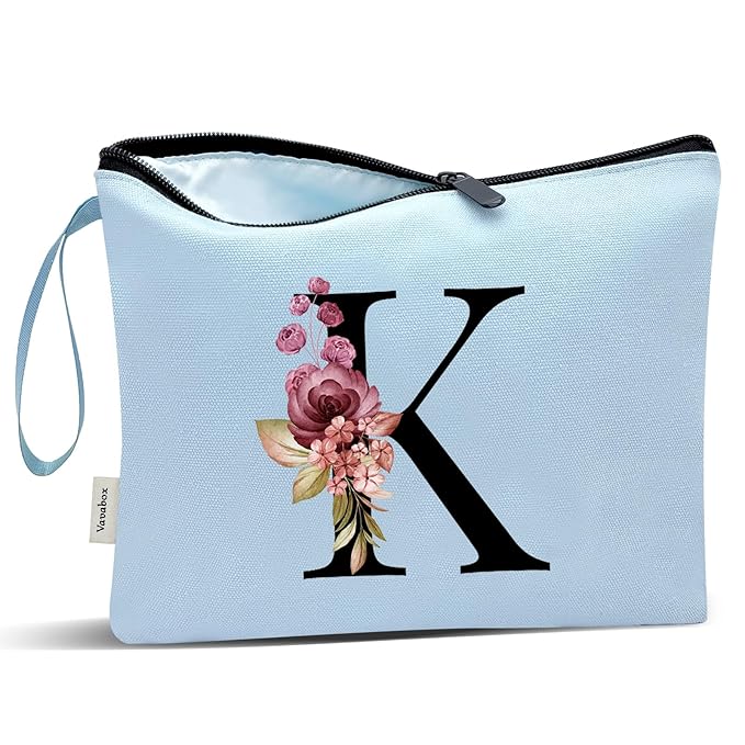 Vavabox A-Z Personalized Makeup Bag, Birthday Gifts for Women Mom, Gifts for Best Friend, Bride Bridesmaid Cosmetic bag (K, Blue)
